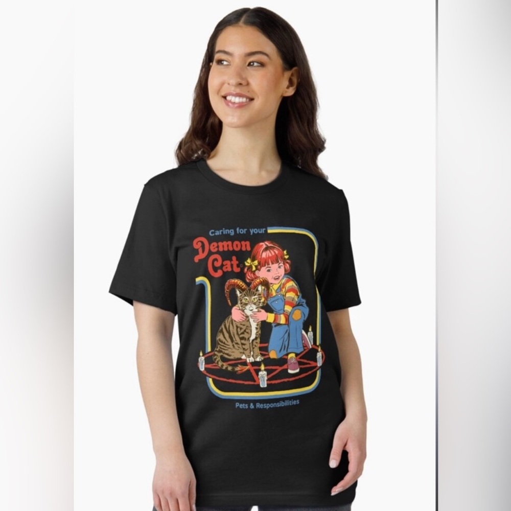 Steven Rhodes Demon Cat Graphic Black T-Shirt - Medium